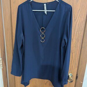 NY Collection V-Neck Silver Accent Long Sleeve Navy Blouse Dressy-Women's L